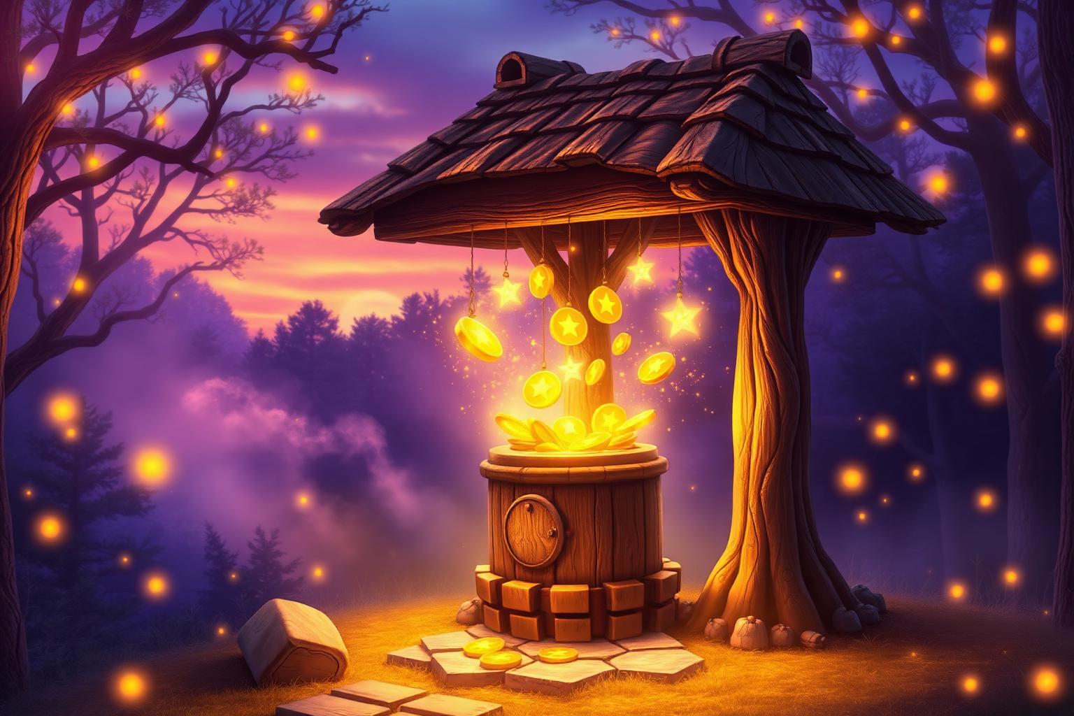 Magical glowing wishing well surrounded by golden coins and stars at Wish Maker — wishmaker.com